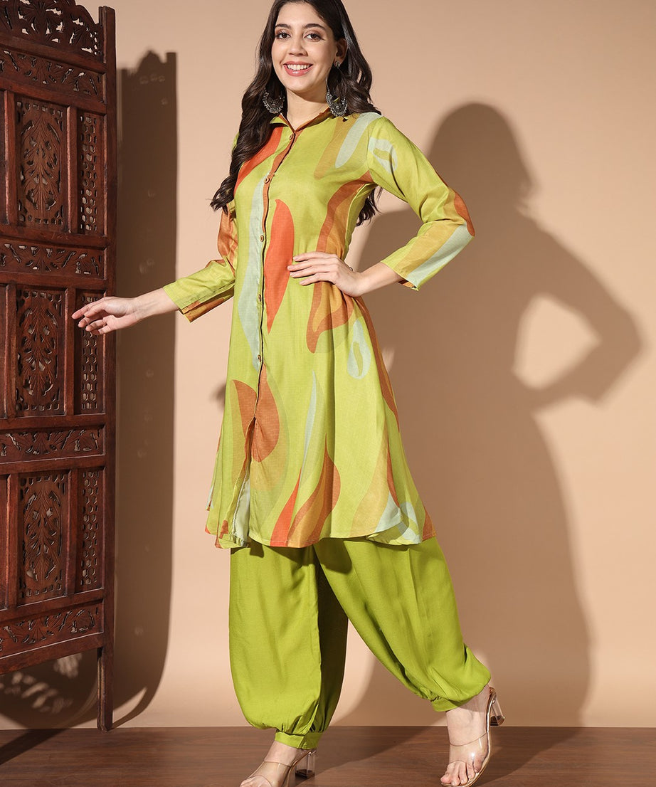 Green Colour Digital Print Casual Kurta With Patiyala Set