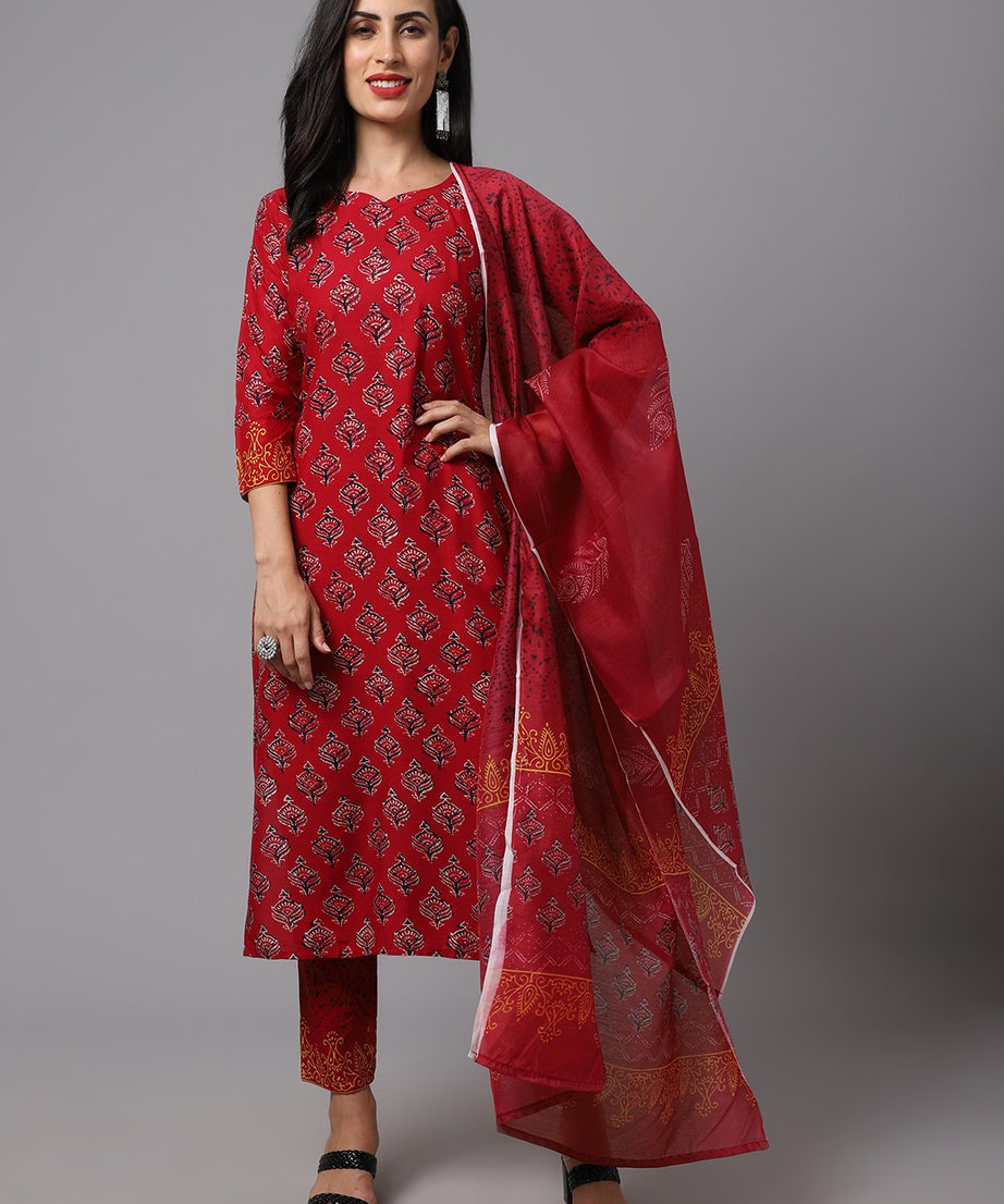 Maroon Straight Floral Printed Kurta with Trouser and Dupatta