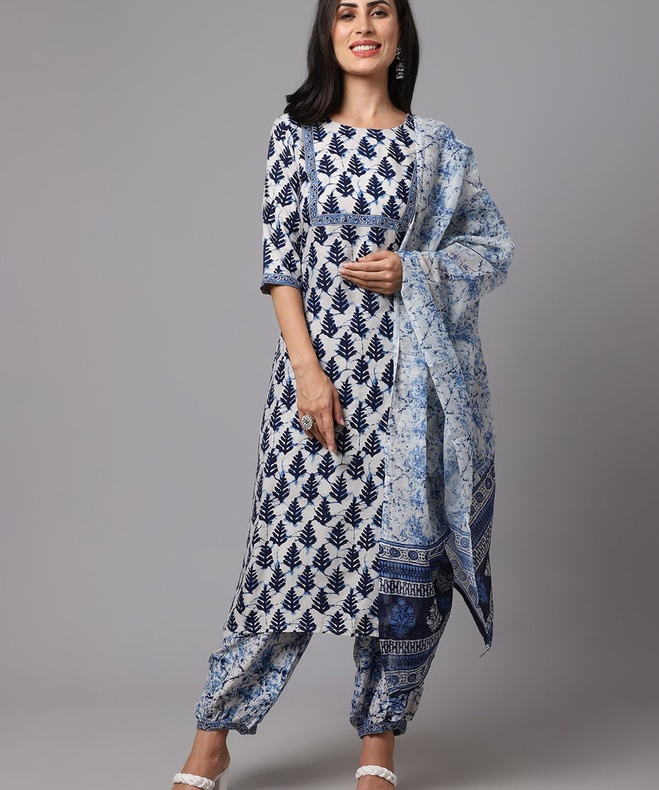 Blue and White Printed Fancy Kurti With Bottom Dupatta set