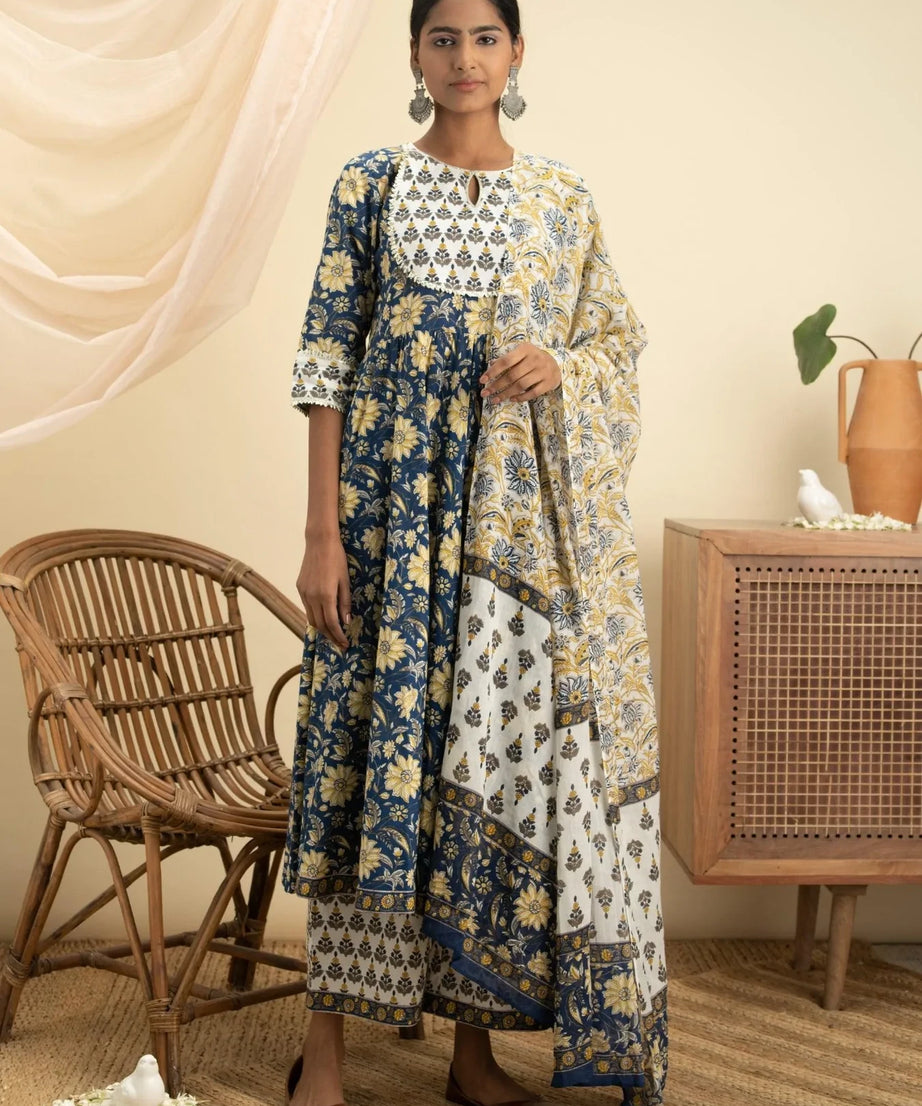 Blue Printed Cotton Anarkali Kurta With Palazzos and Dupatta