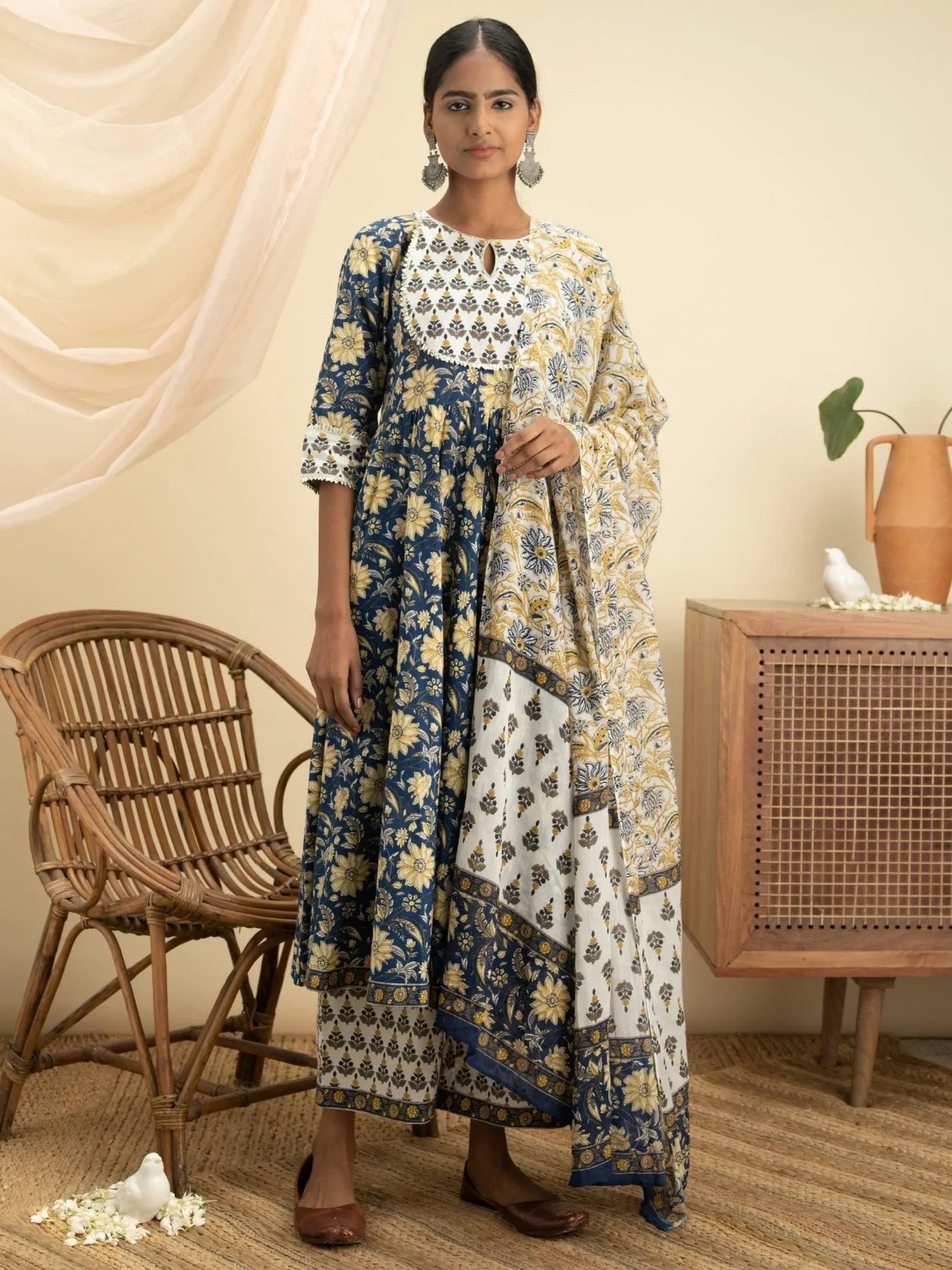 Blue Printed Cotton Anarkali Kurta With Palazzos and Dupatta