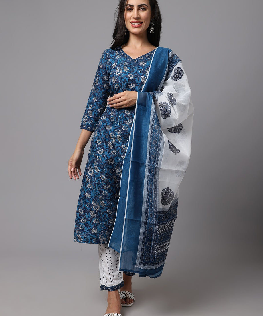 Floral Print Straight Kurta Set with Dupatta for Women