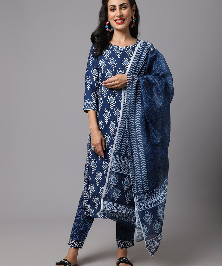 Blue Indigo Printed kurta Set With Dupatta for Women