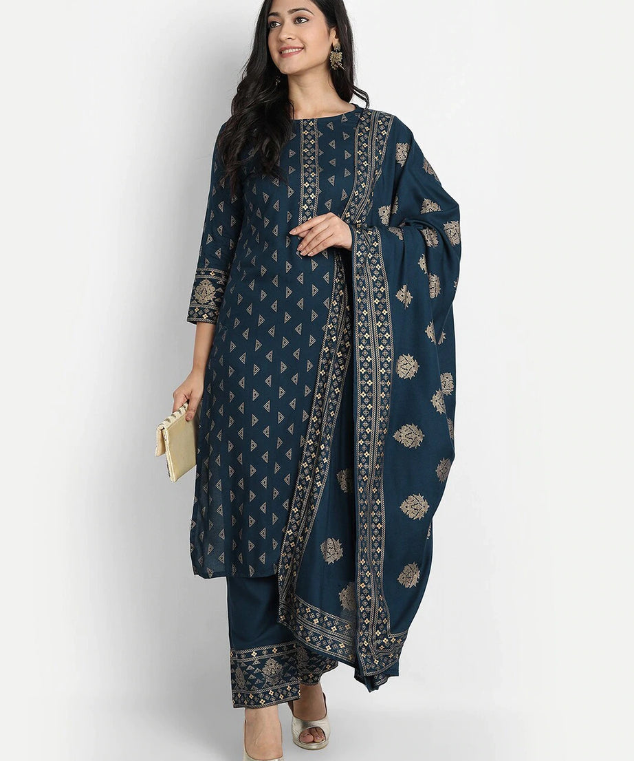 Ethnic Straight Kurti Pant with Printed Dupatta Set