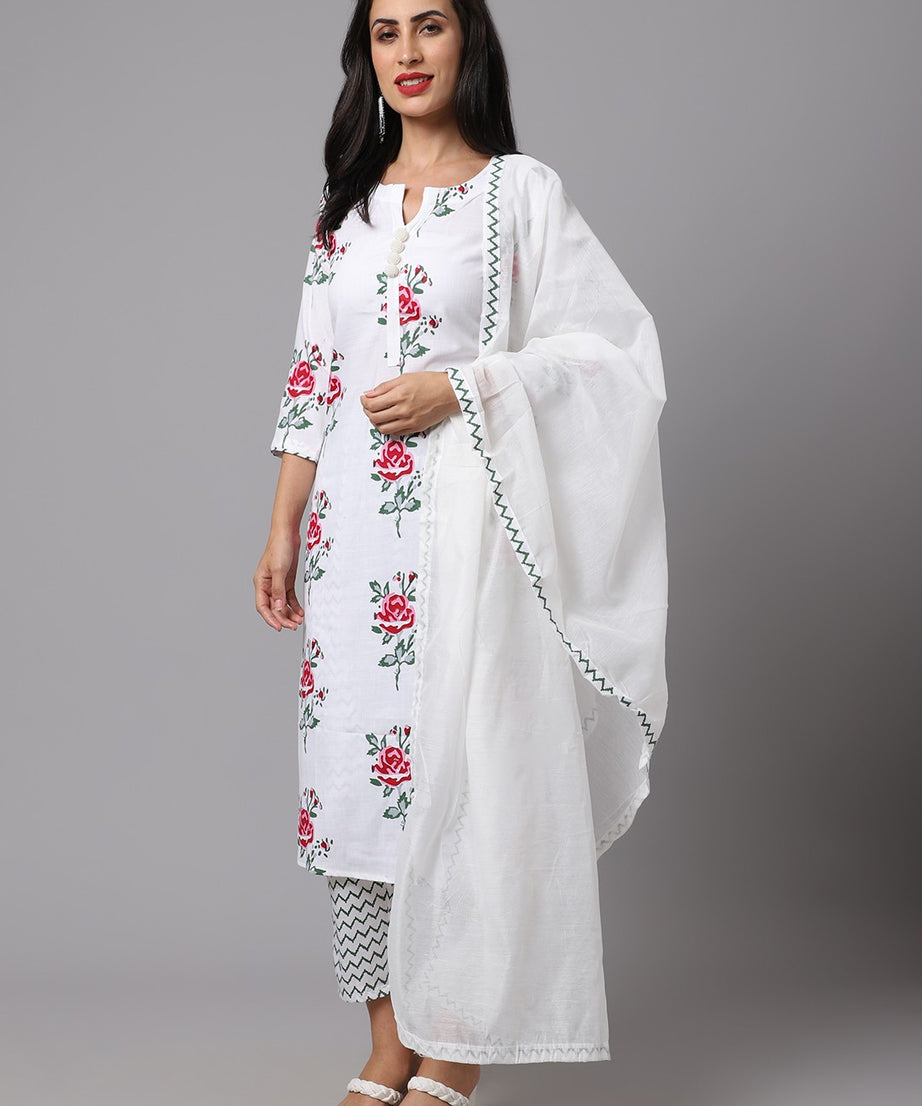 Cotton Blend Print Kurta Pant with Cotton Print Dupatta Set