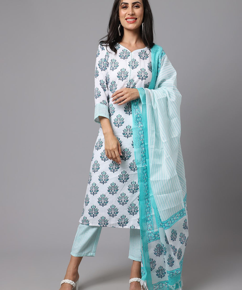 Floral Print Straight Kurta set with Bottom and Dupatta