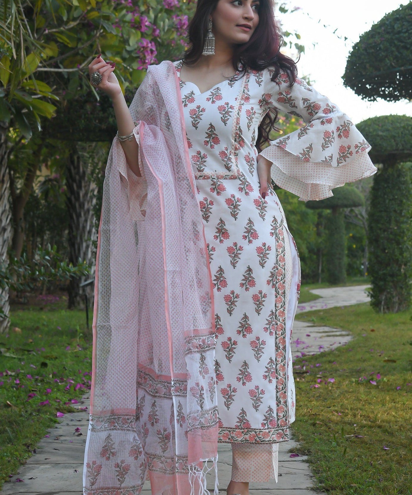 Block Printed Bell Sleeve Kurta And Pant Set With Printed Dupatta