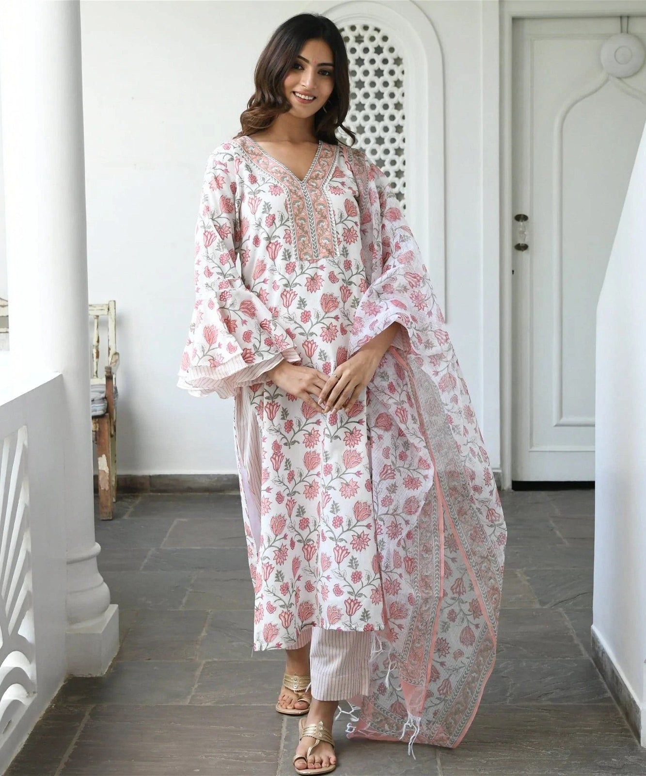 Pink and White Floral design Kurta set with Bottom and Dupatta