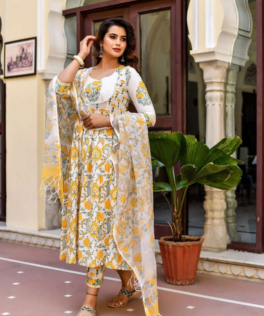 Anarkali Embroidered Printed Kurta Pant and Dupatta Set