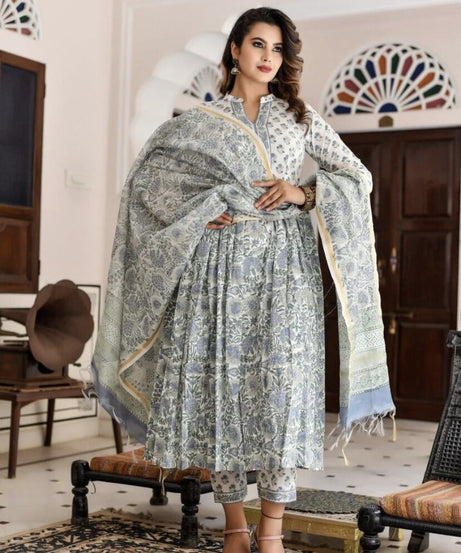 Block Printed Anarkali Kurta and Pant Set with Printed Dupatta for Women