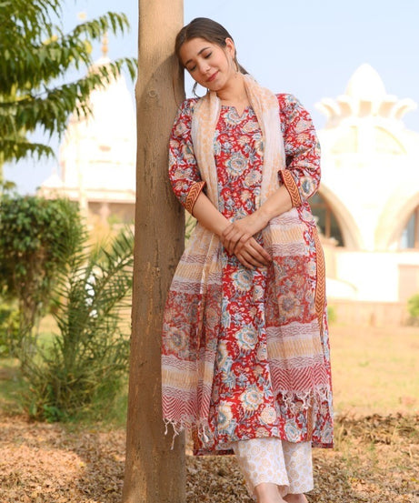 Straight Floral Printed Kurta set with Pant and Dupatta