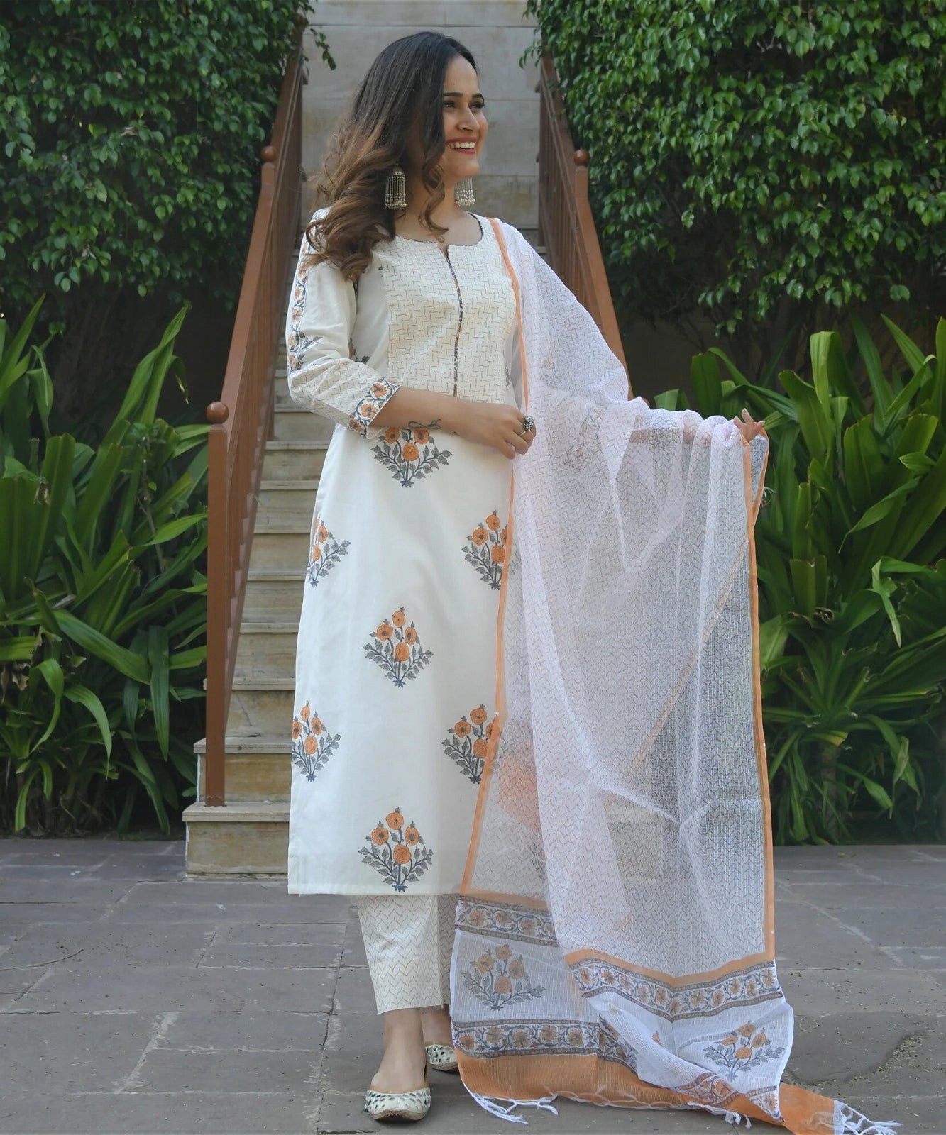 Cotton White Block Printed Kurta with Pant & Dupatta