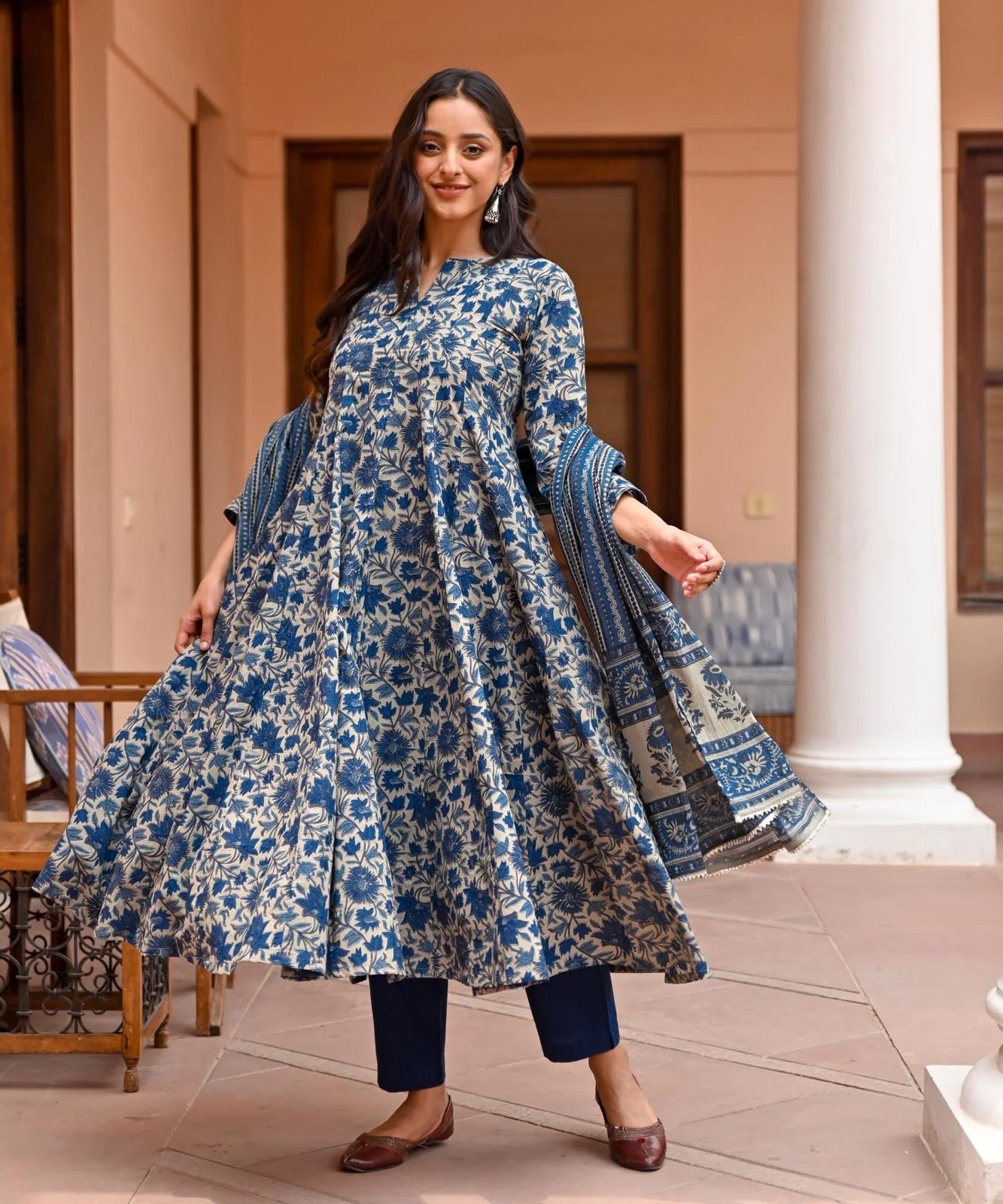 Blue Floral Anarkali Kurta Set For Women