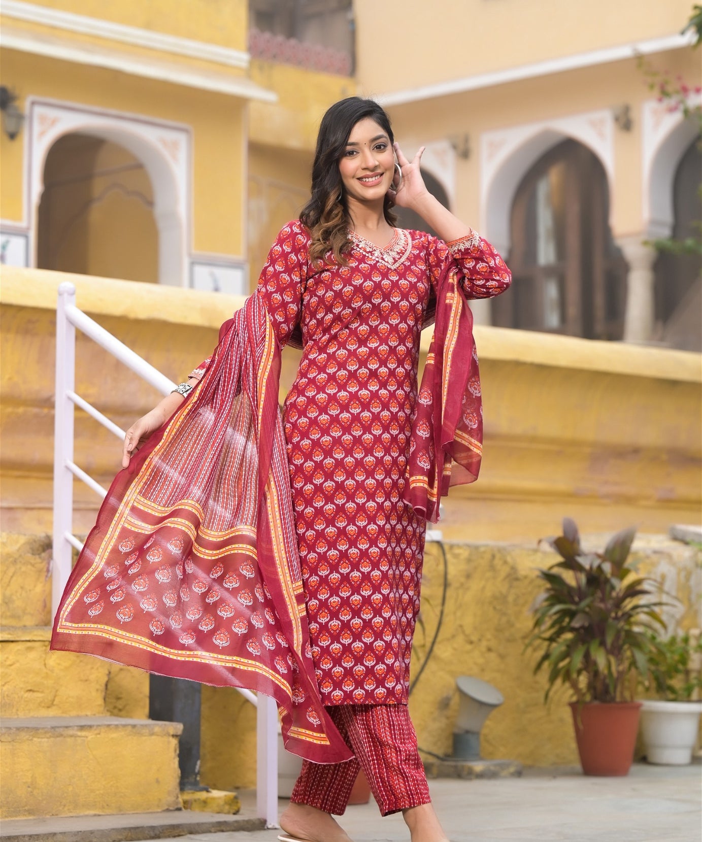 Beautiful and Elegant Cotton Designer Kurta Set with Bottom and Dupatta