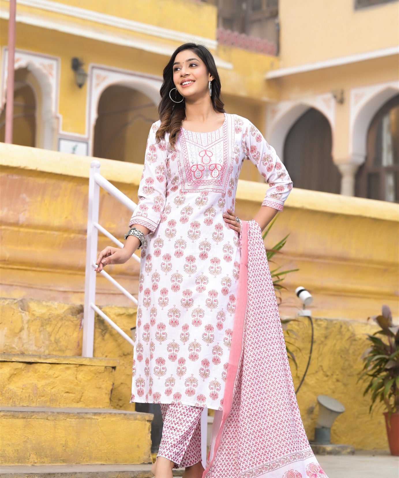 Pink and White Color Straight Kurta Set with Dupatta and Pant