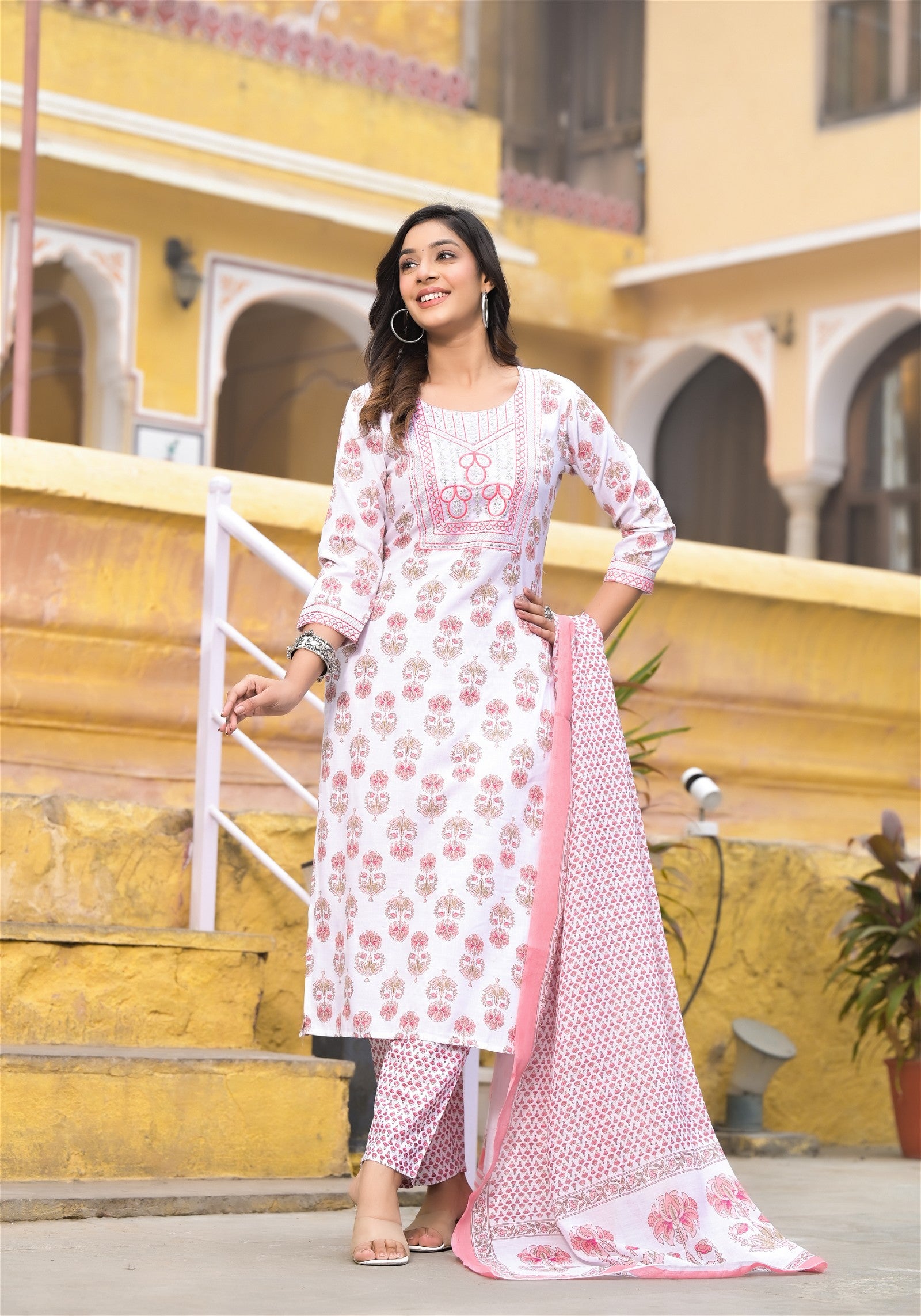 Pink and White Color Straight Kurta Set with Dupatta and Pant