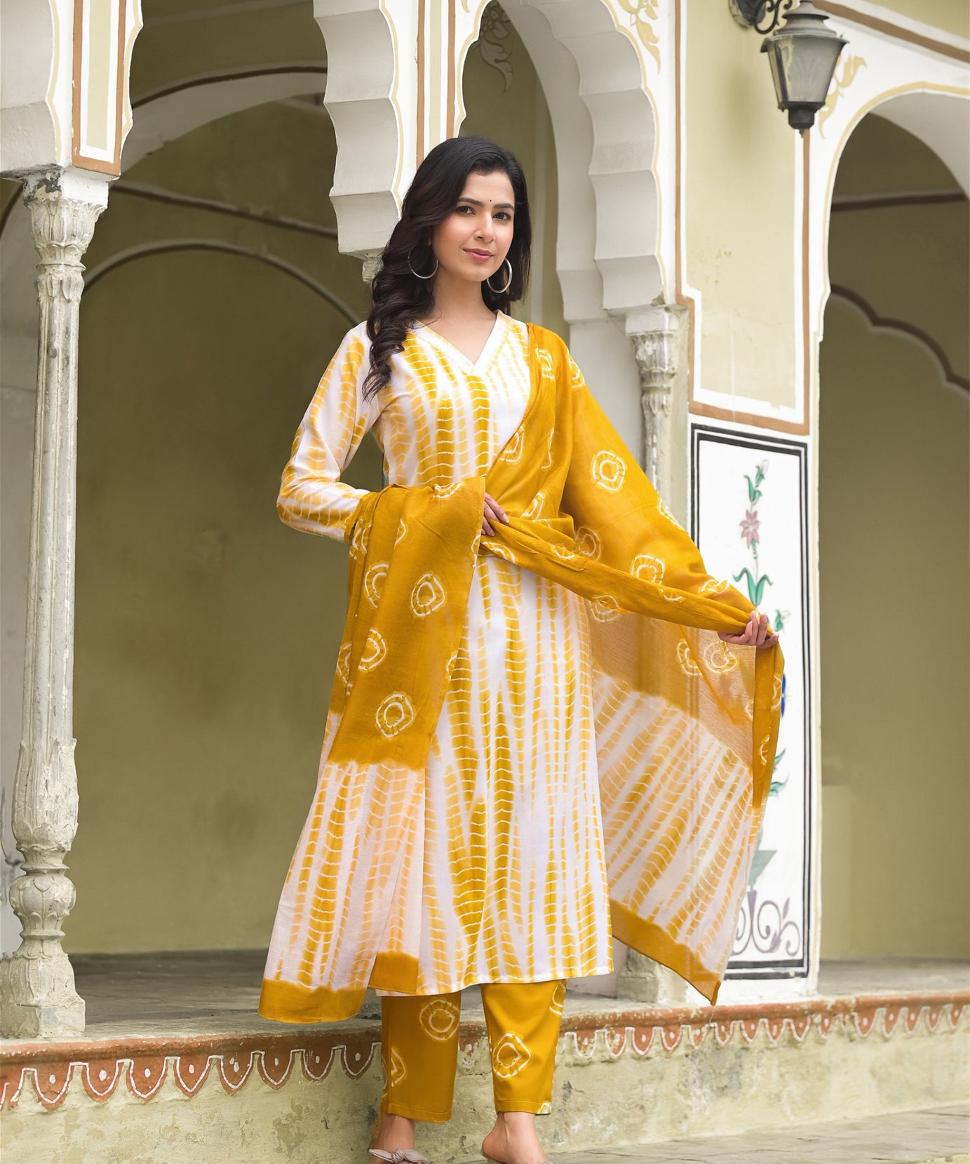 Yellow and White Tie-Dye Printed Kurta Set with Bottom and Dupatta