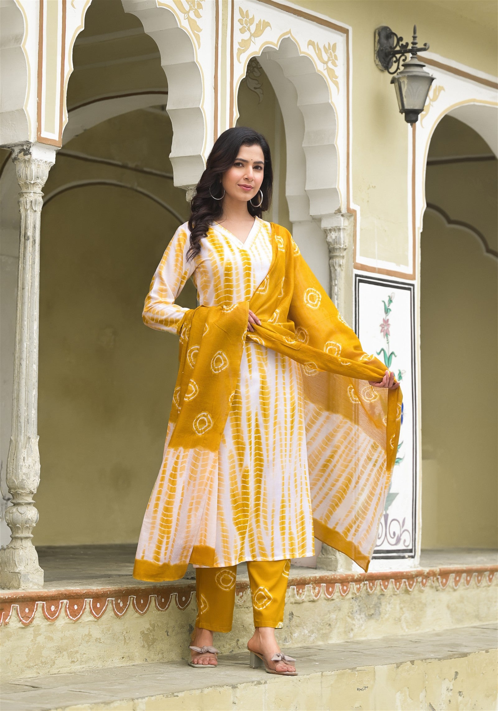 Yellow and White Tie-Dye Printed Kurta Set with Bottom and Dupatta