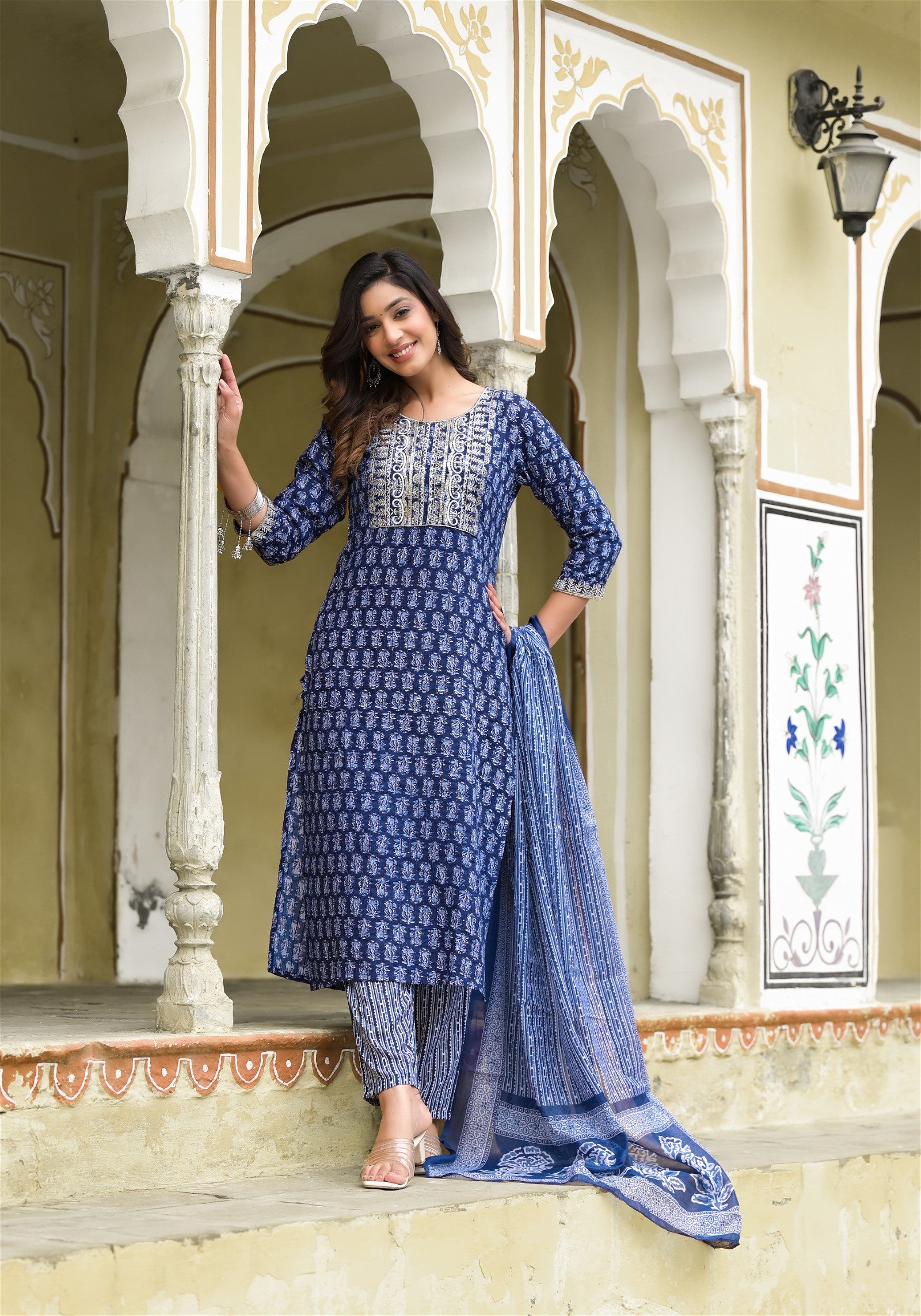 Simple and Designer Blue Kurta Set with Bottom and Dupatta