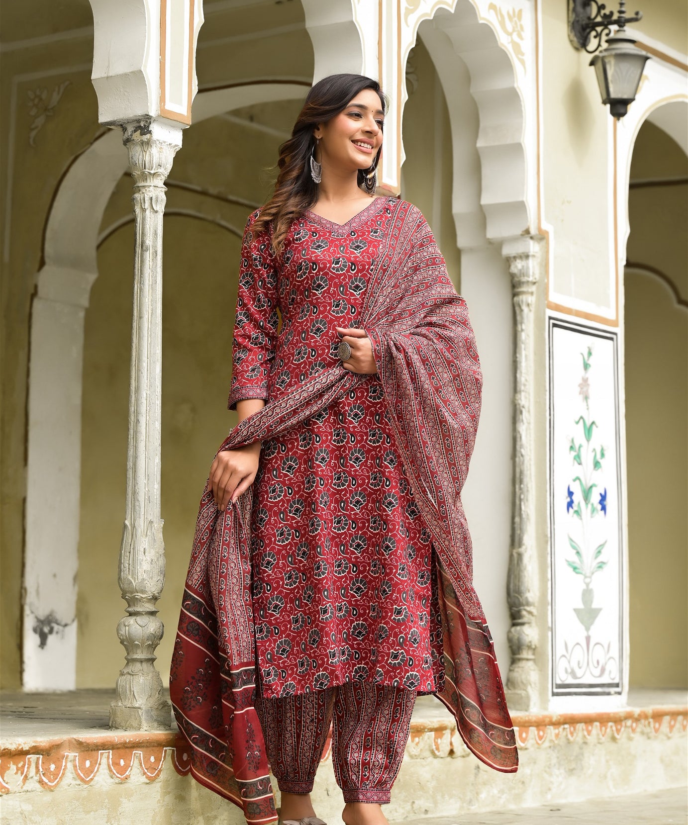 Maroon Color Straight Kurta Pant and Printed Dupatta Set for Women