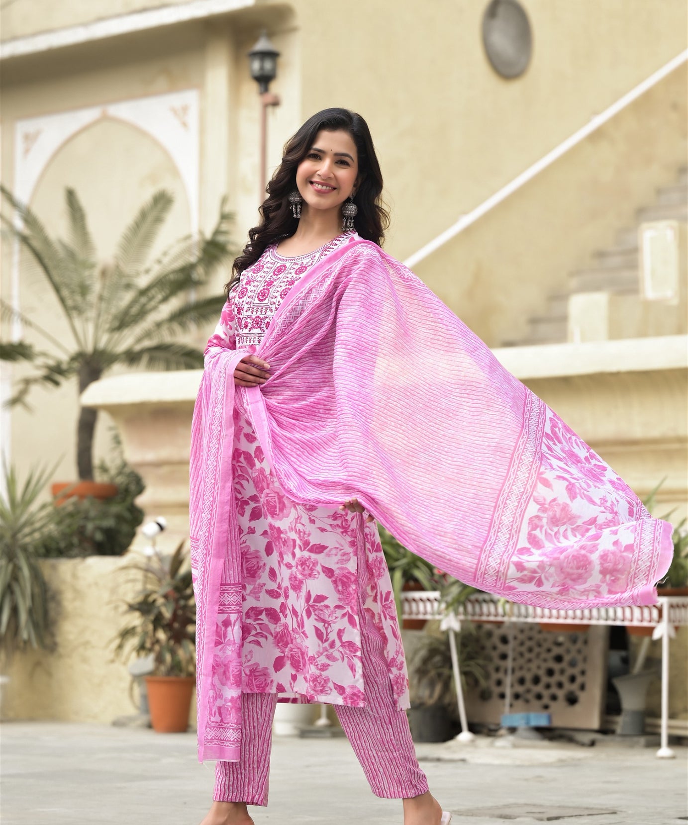 White and Pink Beautiful Daily Wear Kurta Set with Dupatta and Bottom Wear