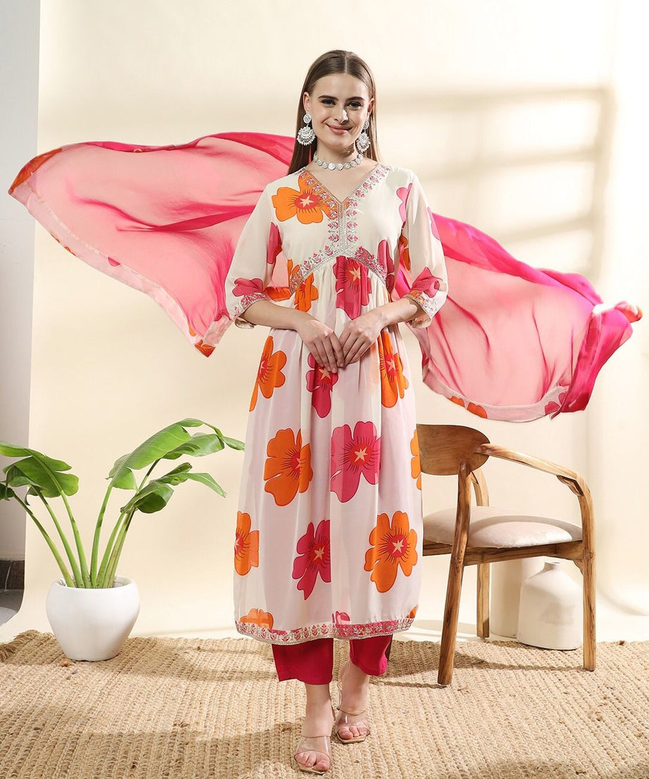 Women's Chanderi Flowers Printed Anarkali Kurta and Pant with Dupatta Set