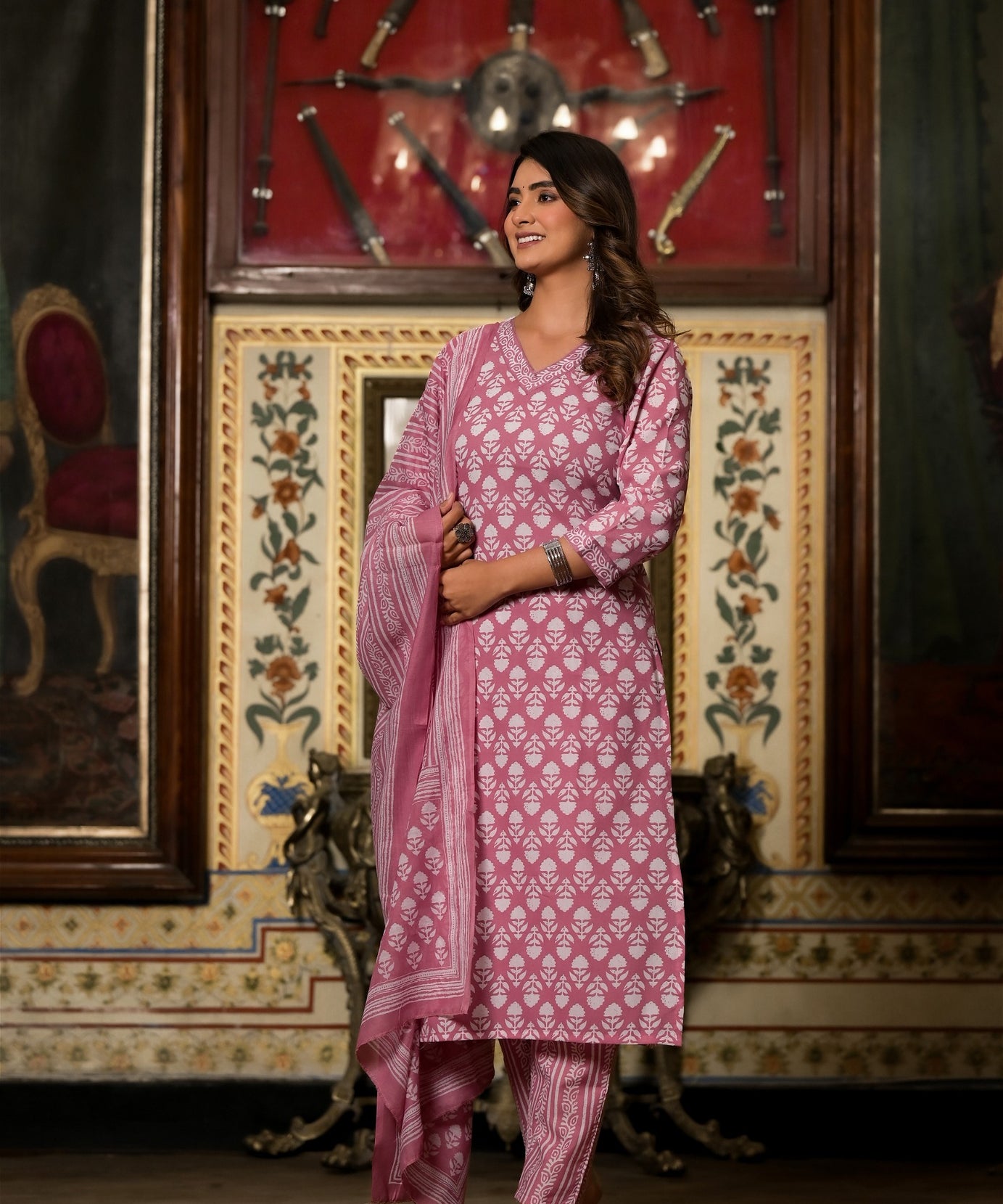 Casual Baby Pink Printed Kurta Set with Bottom Wear and Dupatta