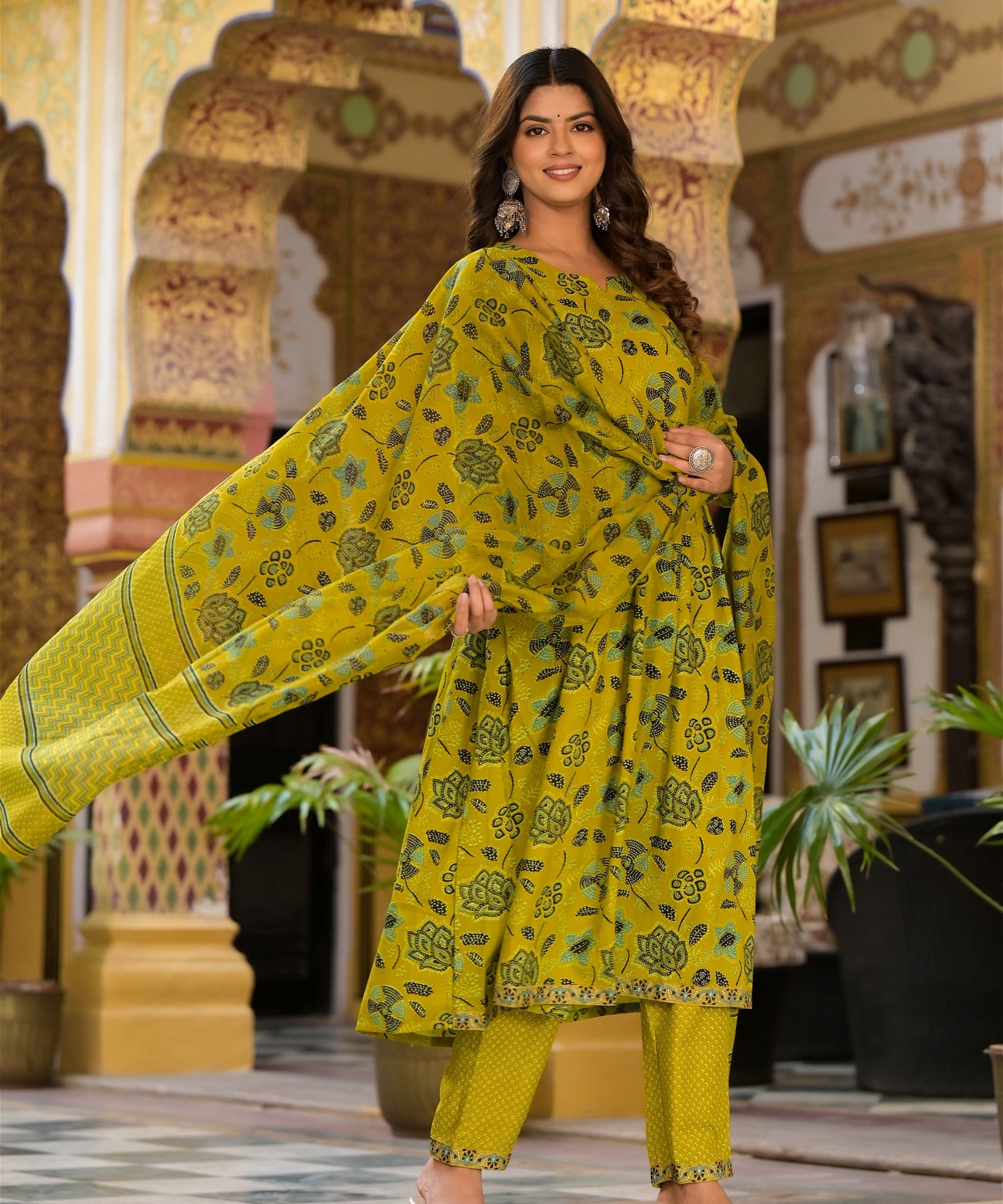 Designer Yellow Floral Printed Kurta Set with Bottom and Dupatta