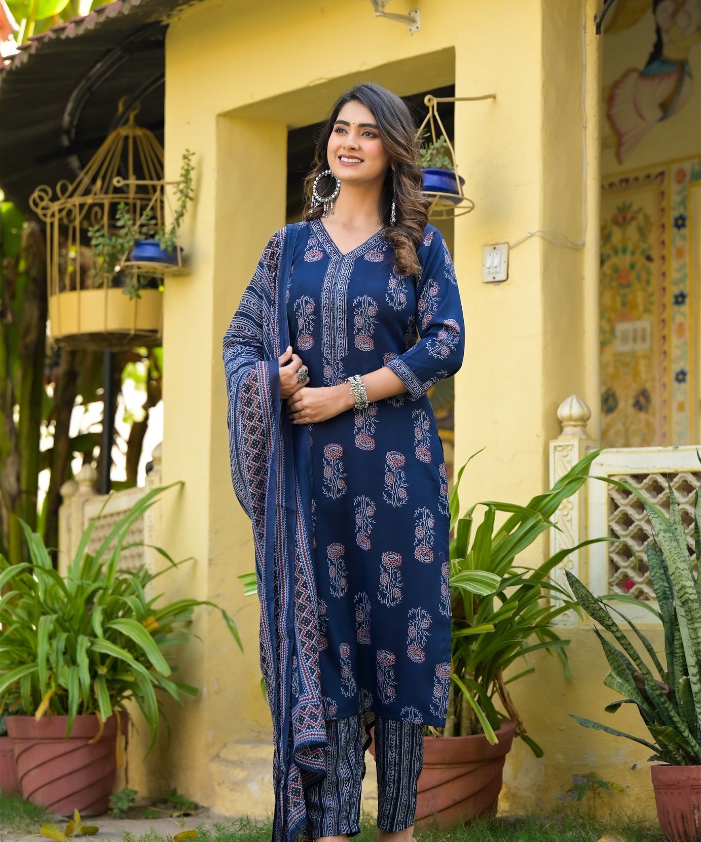 Blue Floral Printed Kurta Set With Bottom Wear and Dupatta