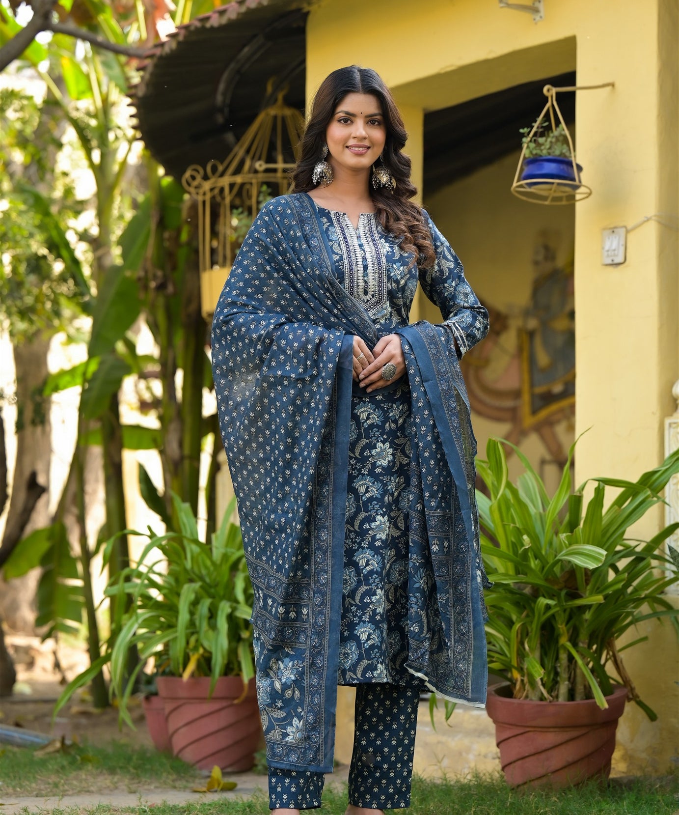 Elegant Blue Printed Straight Kurta Set with Bottom Wear and Dupatta