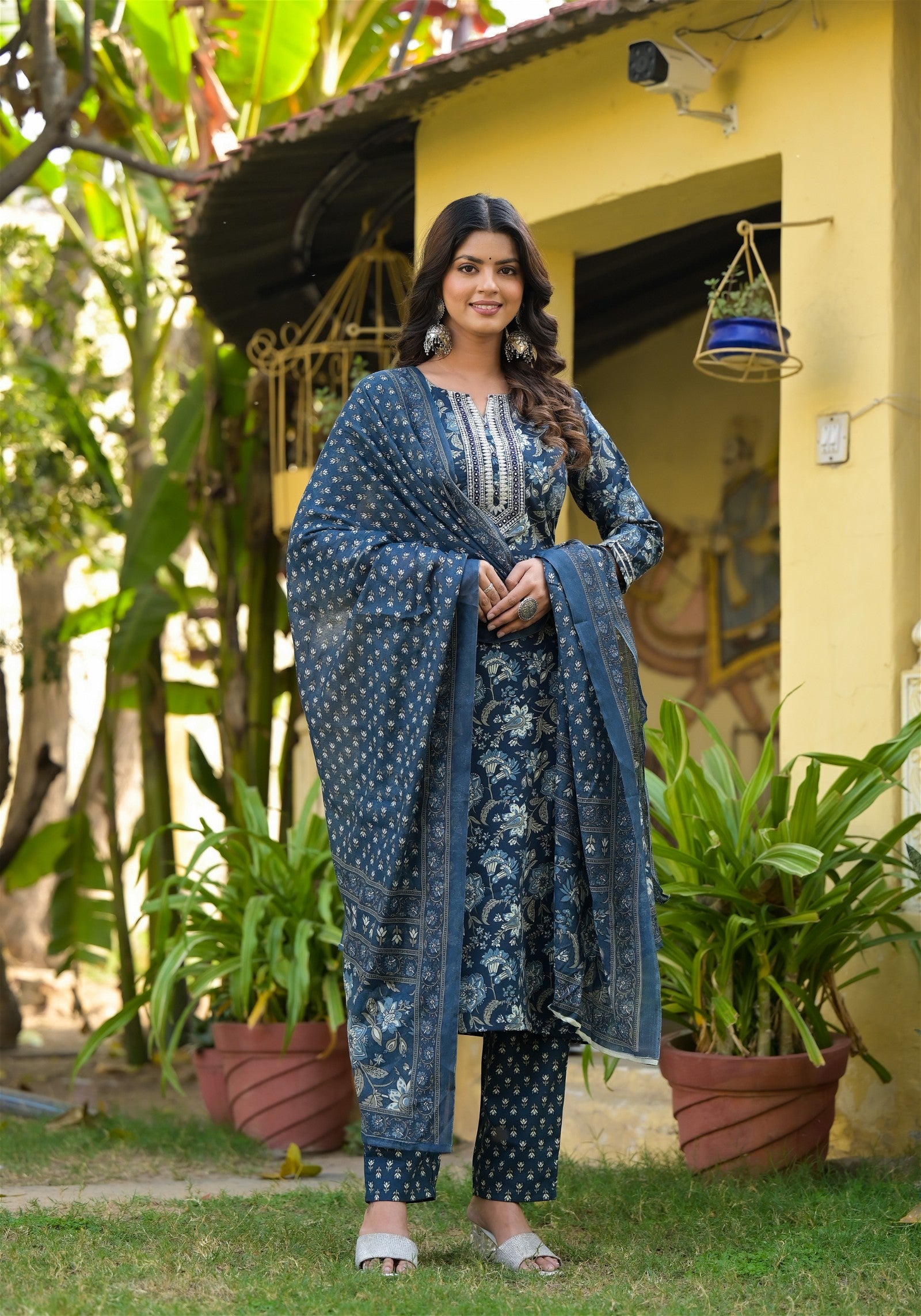 Elegant Blue Printed Straight Kurta Set with Bottom Wear and Dupatta