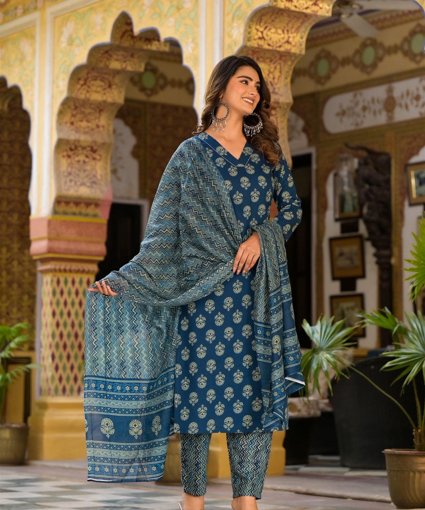 Stylish Block Printed Teal Blue Kurta Set with Bottom Wear and Dupatta