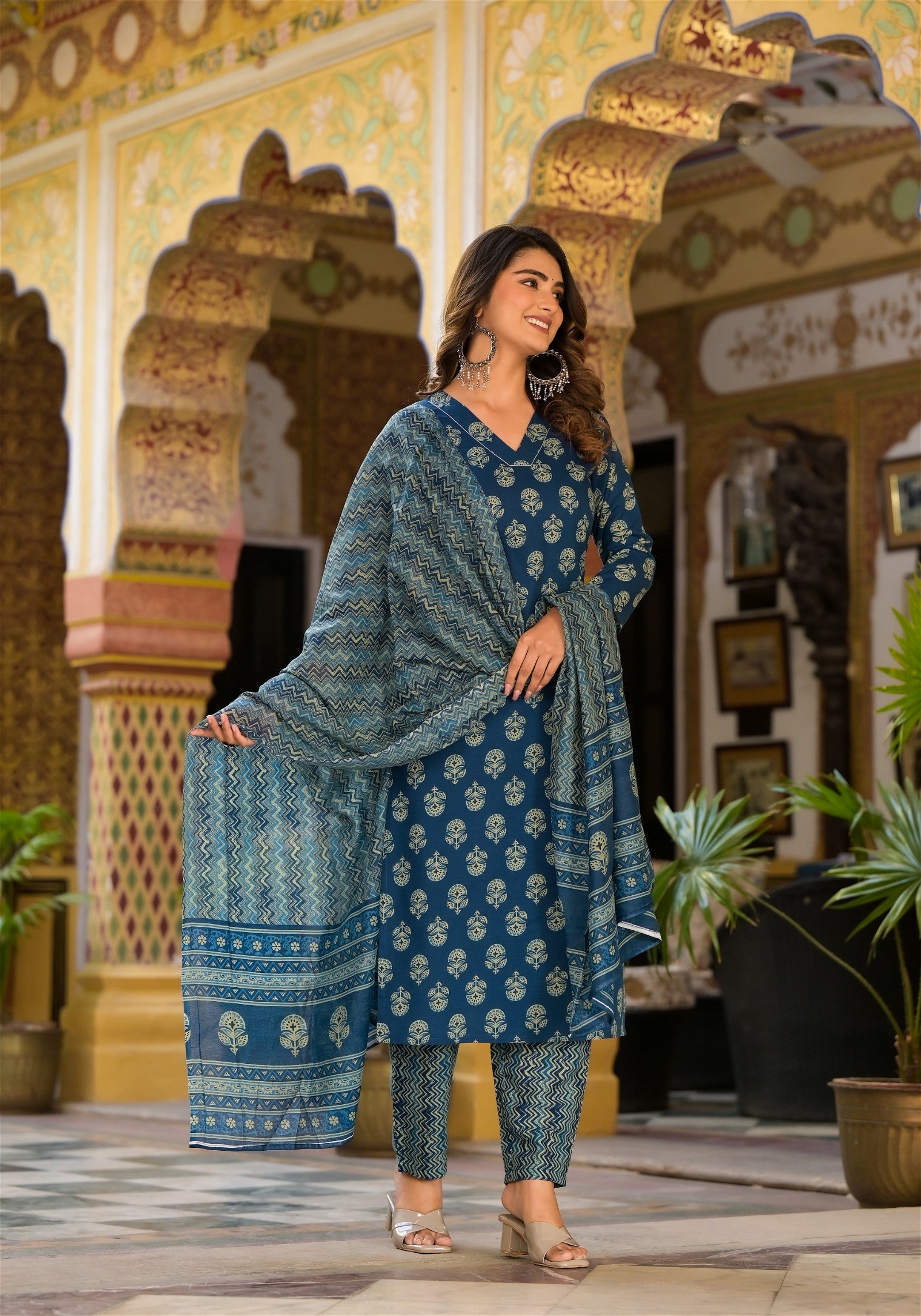 Stylish Block Printed Teal Blue Kurta Set with Bottom Wear and Dupatta