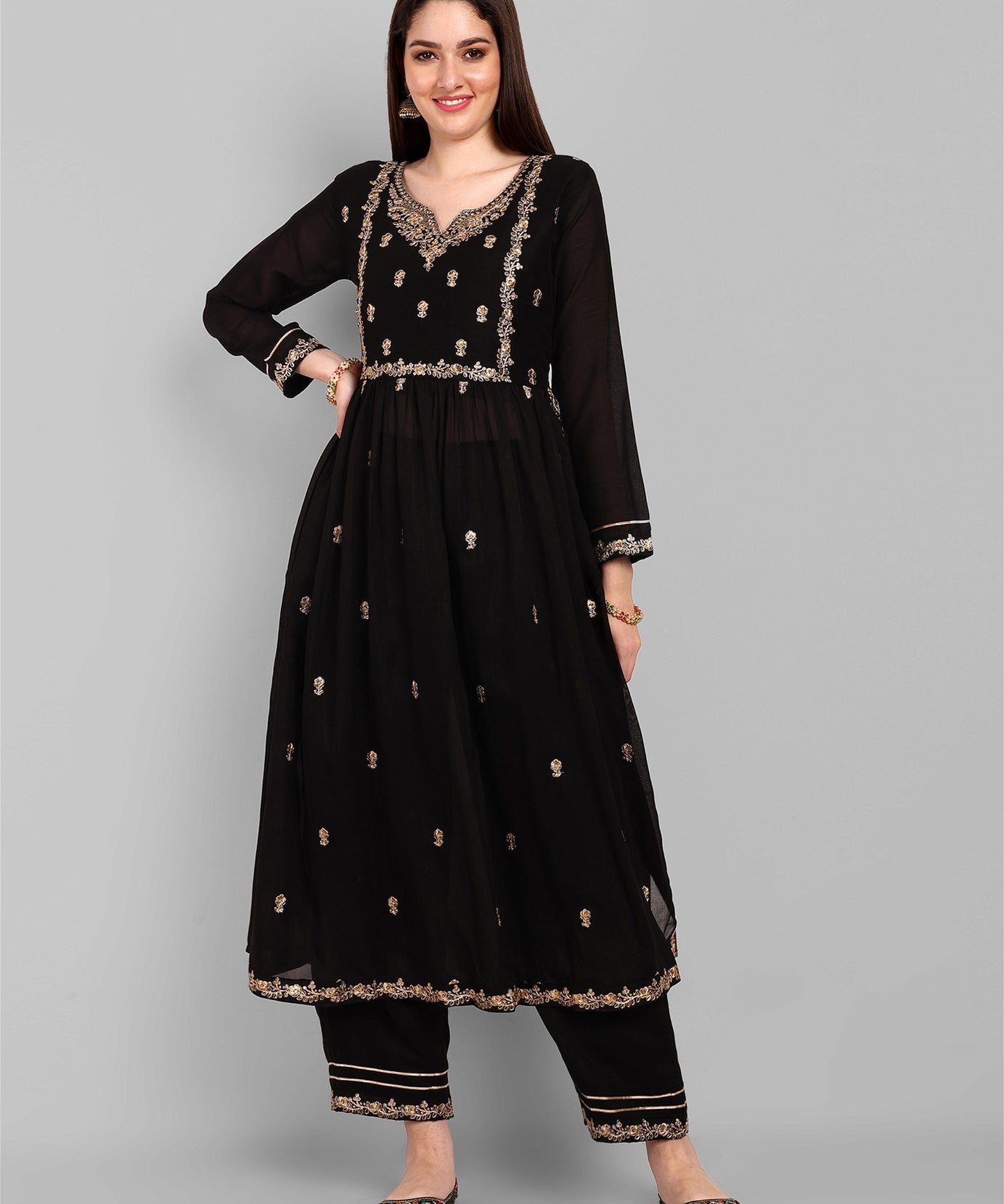 Women Embroidered Vichitra Silk kurta Pant set in Black Color