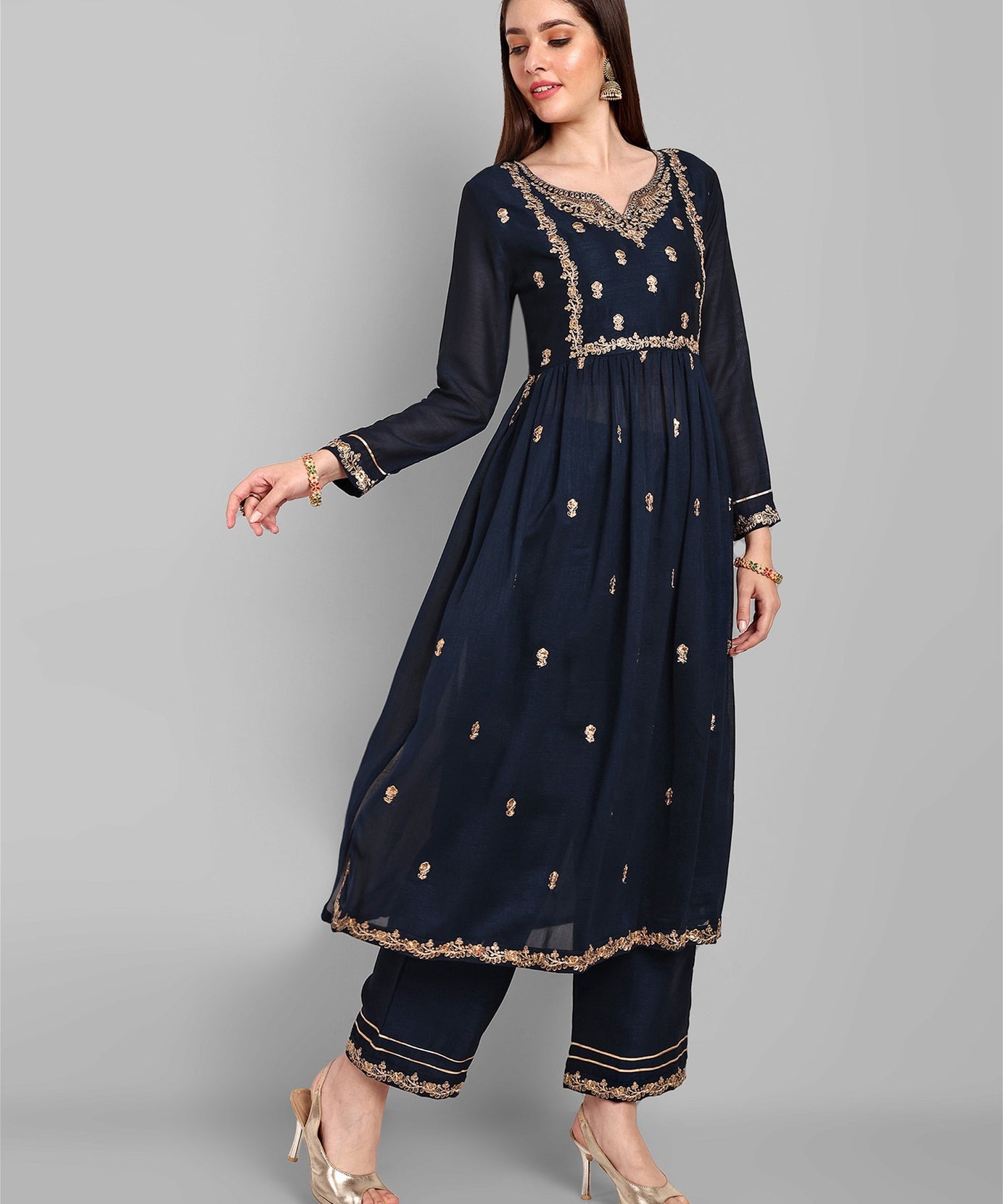 Women Embroidered Vichitra Silk kurta Pant set in Navy Blue Color