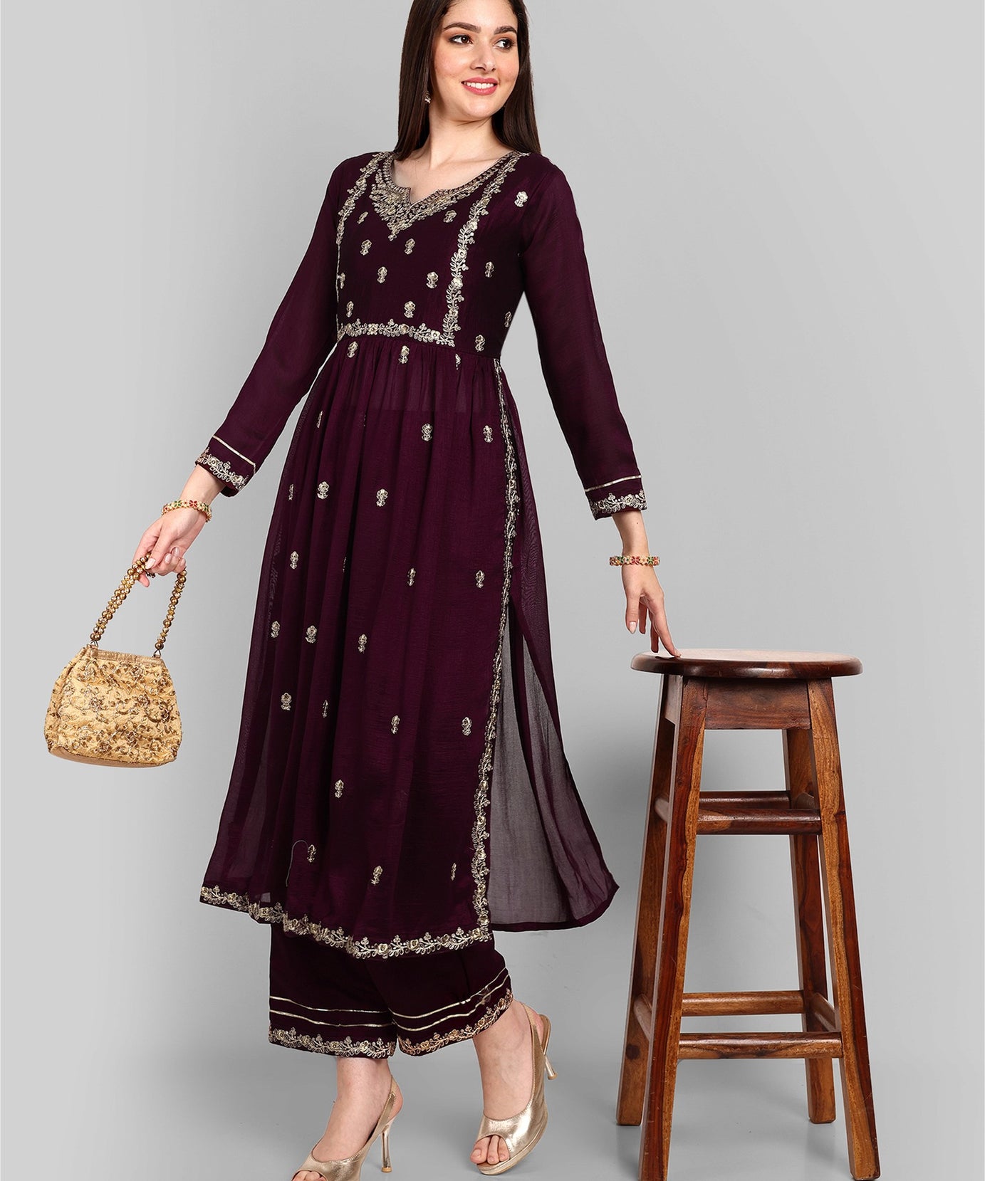 Women Embroidered Vichitra Silk kurta Pant set in Wine Color