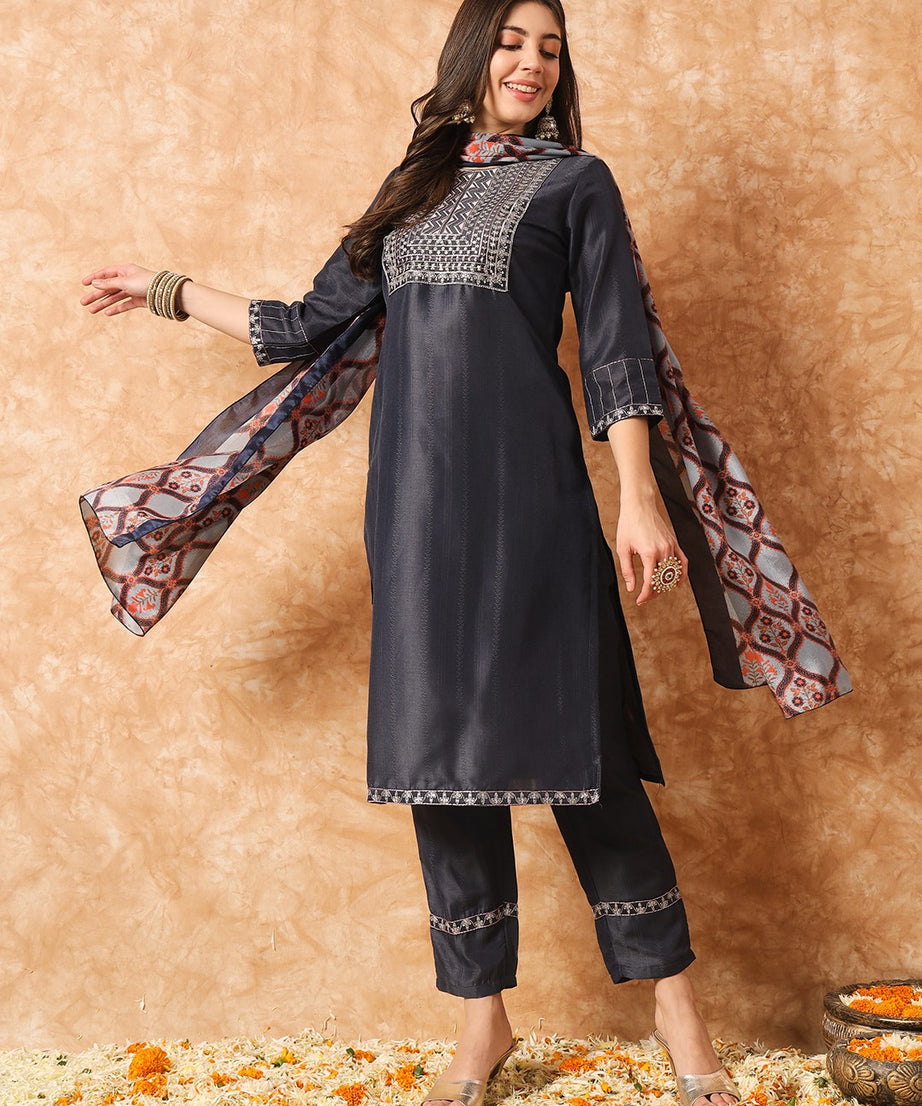 Designer Sequence Embroidery Work Chinon Kurta with Trousers & Dupatta