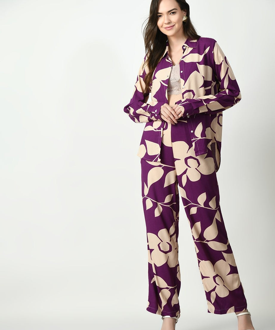 Classic Purple Shirt and Trousers Cotton Wear Co-Orde set for Women