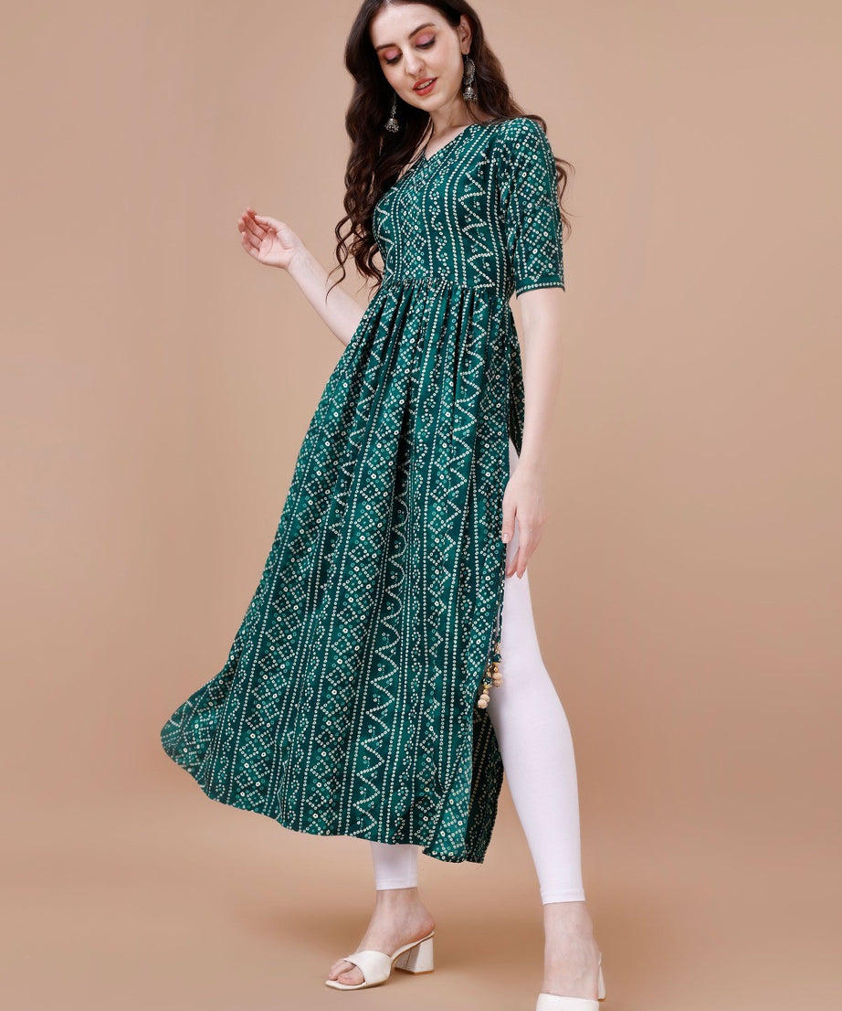 Womens Bandhani Naira Cut Kurta with Latkan in Green Colour