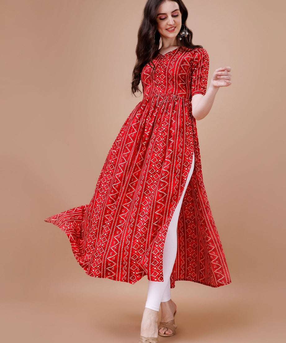 Red Colour Bandhani Naira Cut Kurta with Latkan For Women