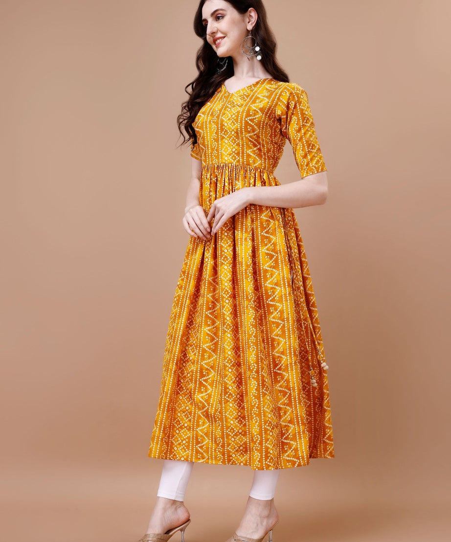 Stylish Bandhani Naira Cut Kurta with Latkan in Yellow Colour