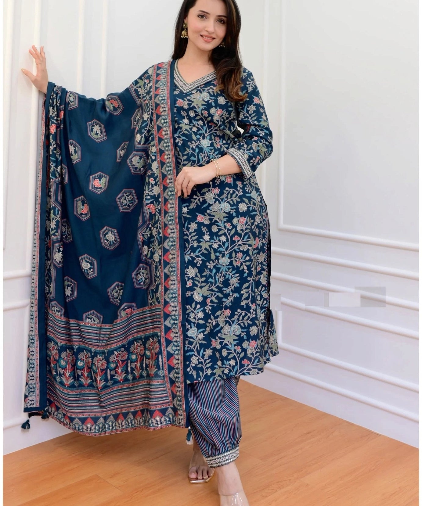 Peacock Blue Floral Rayon Afghani Suit for women