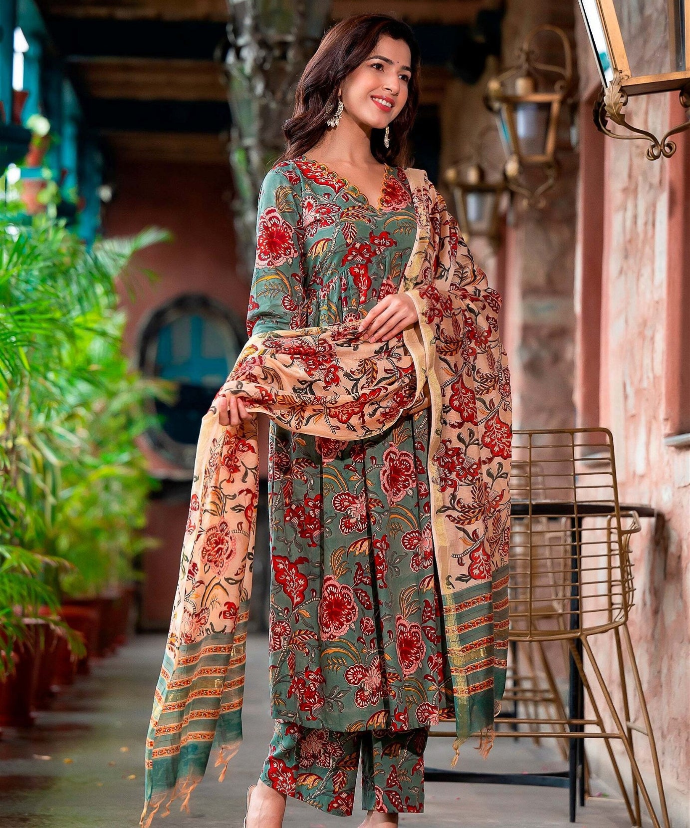 Green Floral Block Printed Embroidery Kurta Set