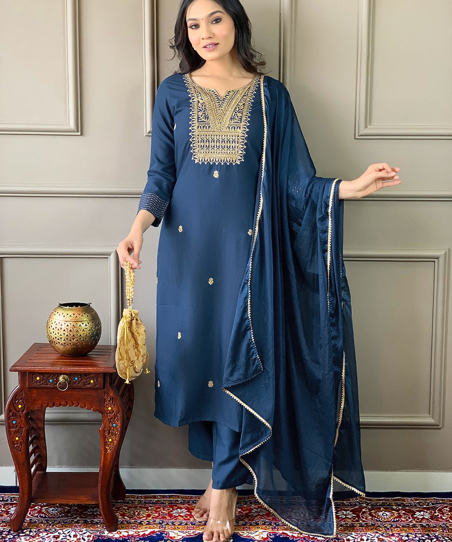 Women Embroidered Rayon Slub Straight Kurta With Pant Dupatta Set