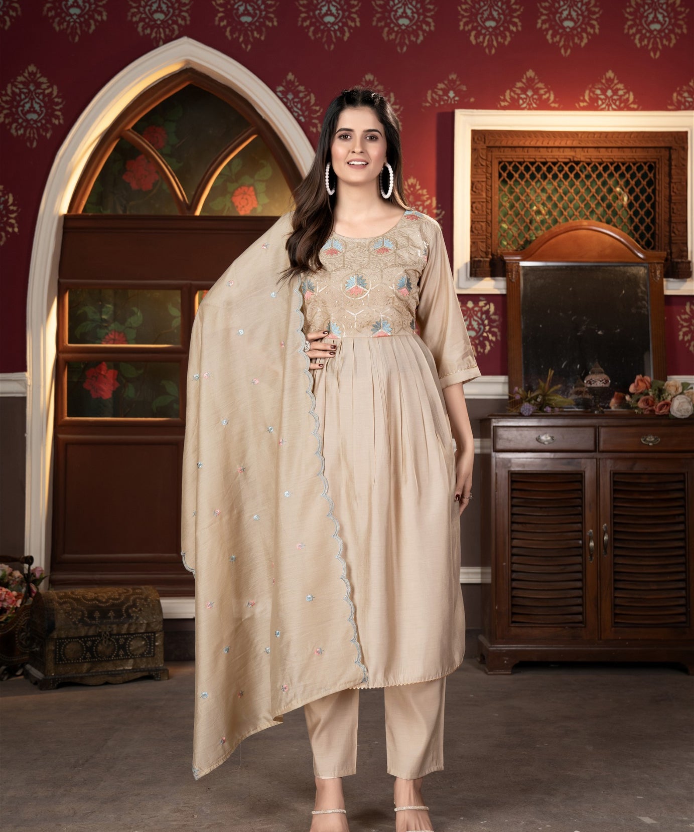 Women's Viscous Rayon Flared Kurta With Pant And Cut Work Dupatta