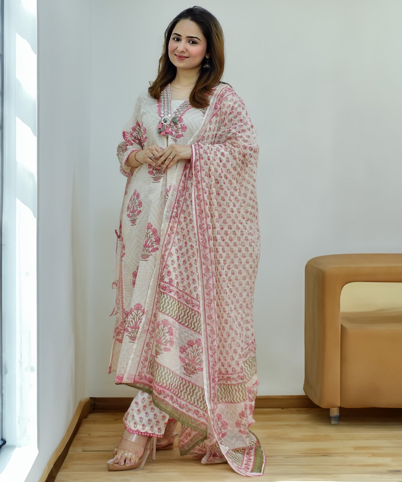 New Trending Offwhite And Pink Color Pure Cotton Floral Printed Top And Bottom With Dupatta